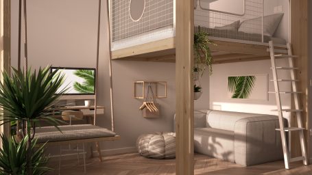 Moderner Raum mit Hochbett, Schreibtisch, Pflanzen und gemütlicher Sitzecke.