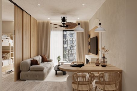 Moderne Wohnraumgestaltung mit Sofa, Tisch und Balkon, helle Farben und Holzakzente.