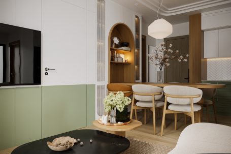 Modernes Wohnzimmer mit Essbereich, weißer Einrichtung und Pflanzenarrangement.