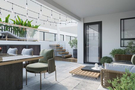 Moderne Terrasse mit Essbereich, Pflanzen und stilvollen Möbeln.