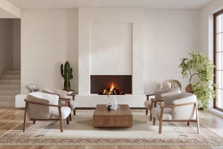 Moderne Wohnlandschaft mit Kamin, bequemen Stühlen und Pflanzen in neutralen Tönen.