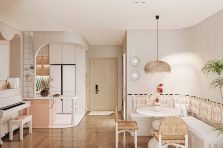 Helles, modernes Interieur mit Essbereich, Piano und stilvollen Möbeln.
